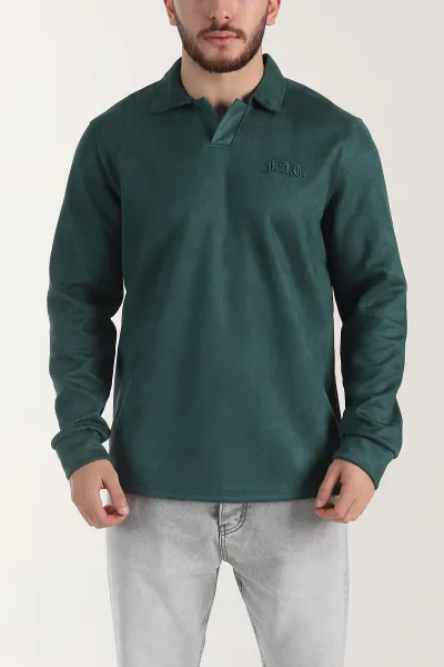 Zümrüt Yeşili Polo Yaka Düğmeli Nakış Detaylı Erkek Sweatshirt 404860