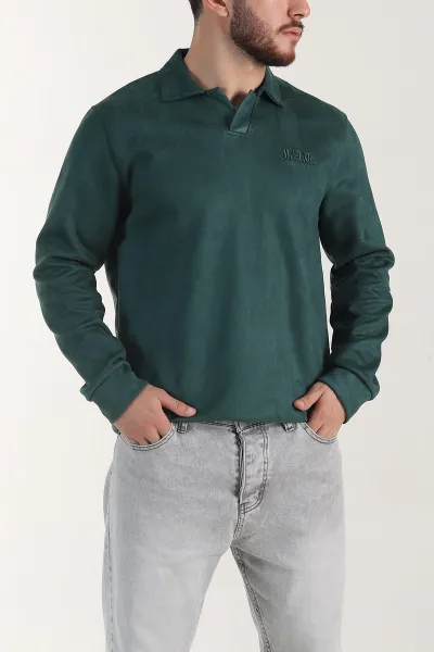 Zümrüt Yeşili Polo Yaka Düğmeli Nakış Detaylı Erkek Sweatshirt 404860