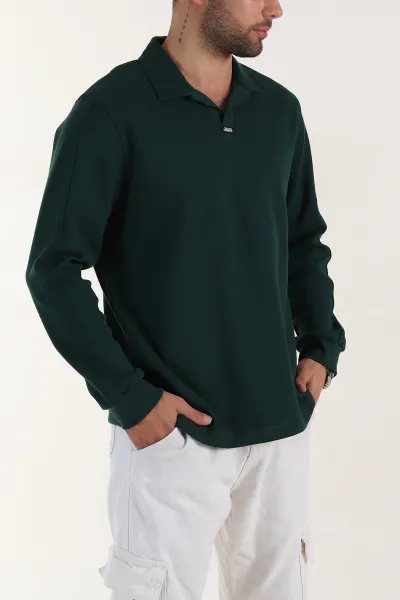Zümrüt Yeşili Polo Yaka Uzun Kollu Erkek Sweatshirt 397134