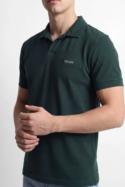 Zümrüt Yeşili Polo Yaka Yazı Detay Erkek Tişört 435537