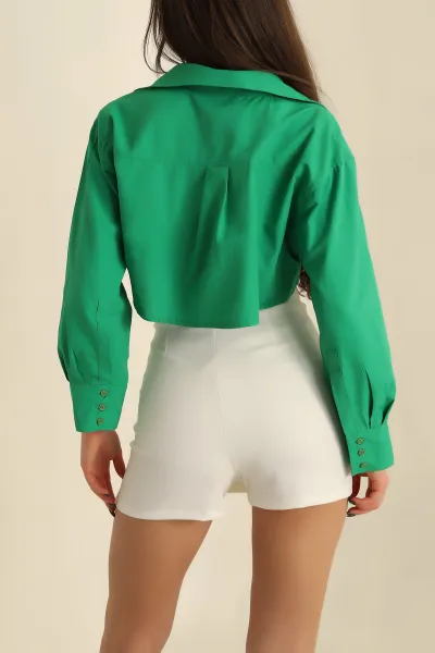 , Zümrüt Yeşili Poplin Kumaş Cepli Crop Gömlek 255665