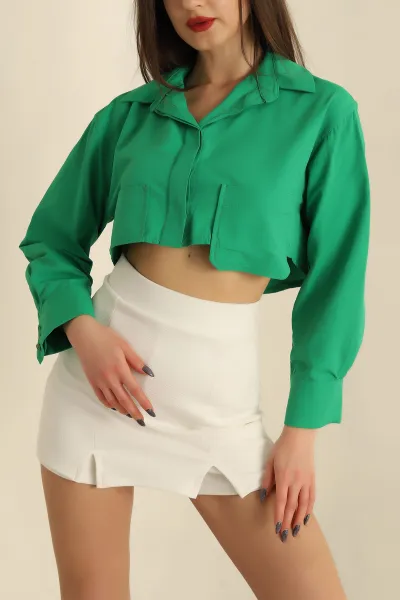 , Zümrüt Yeşili Poplin Kumaş Cepli Crop Gömlek 255665