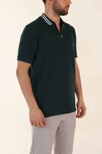 Zümrüt Yeşili Regular Fit Çizgi Dokulu Fermuarlı Polo Yaka Erkek Triko Tişört 370051