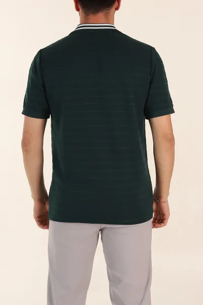 Zümrüt Yeşili Regular Fit Çizgi Dokulu Fermuarlı Polo Yaka Erkek Triko Tişört 370051