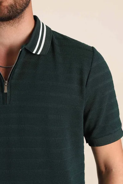 Zümrüt Yeşili Regular Fit Çizgi Dokulu Fermuarlı Polo Yaka Erkek Triko Tişört 370051