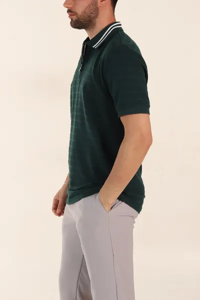 Zümrüt Yeşili Regular Fit Çizgi Dokulu Fermuarlı Polo Yaka Erkek Triko Tişört 370051
