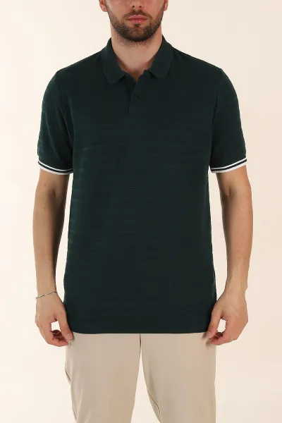 Zümrüt Yeşili Regular Fit Çizgi Dokulu Fermuarlı Polo Yaka Erkek Triko Tişört 370062