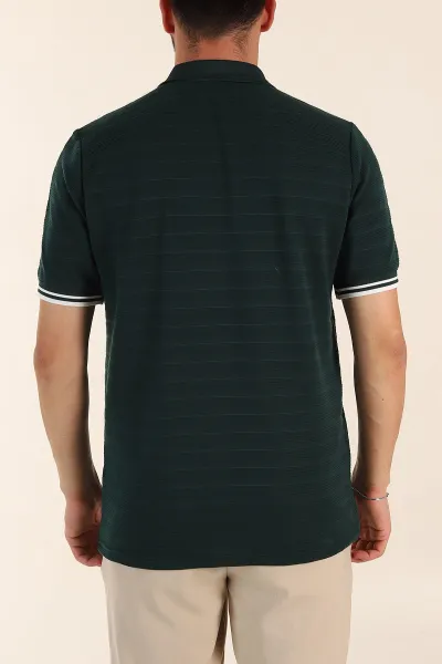 Zümrüt Yeşili Regular Fit Çizgi Dokulu Fermuarlı Polo Yaka Erkek Triko Tişört 370062