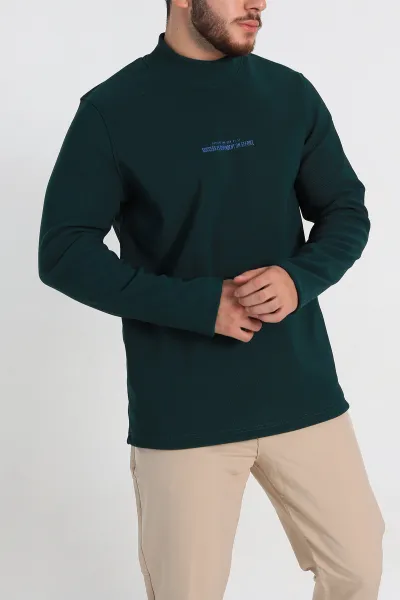 Zümrüt Yeşili Regular Fit Dik Yaka Kabartma Yazılı Erkek Sweatshirt 305763
