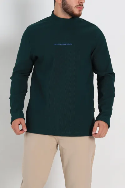 Zümrüt Yeşili Regular Fit Dik Yaka Kabartma Yazılı Erkek Sweatshirt 305763