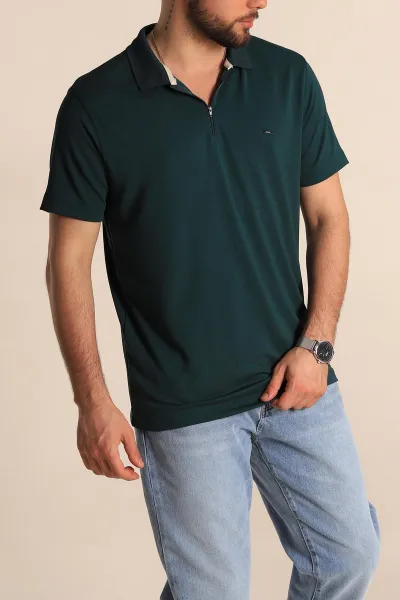 Zümrüt Yeşili Regular Fit Dokulu Fermuarlı Polo Yaka Erkek Tişört 277197