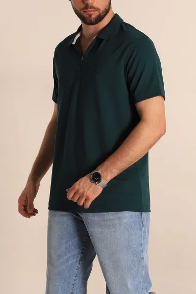 Zümrüt Yeşili Regular Fit Dokulu Fermuarlı Polo Yaka Erkek Tişört 277197