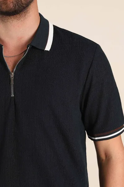 Zümrüt Yeşili Regular Fit Dokulu Fermuarlı Polo Yaka Erkek Triko Tişört 370054
