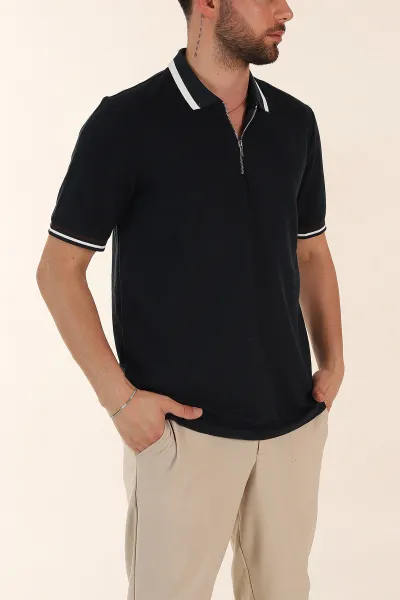 Zümrüt Yeşili Regular Fit Dokulu Fermuarlı Polo Yaka Erkek Triko Tişört 370054