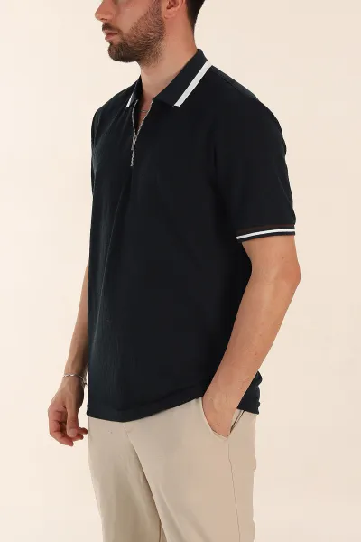 Zümrüt Yeşili Regular Fit Dokulu Fermuarlı Polo Yaka Erkek Triko Tişört 370054