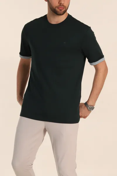 Zümrüt Yeşili Regular Fit Duble Kol Detaylı Basic Erkek Tişört 346181