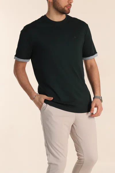 Zümrüt Yeşili Regular Fit Duble Kol Detaylı Basic Erkek Tişört 346181