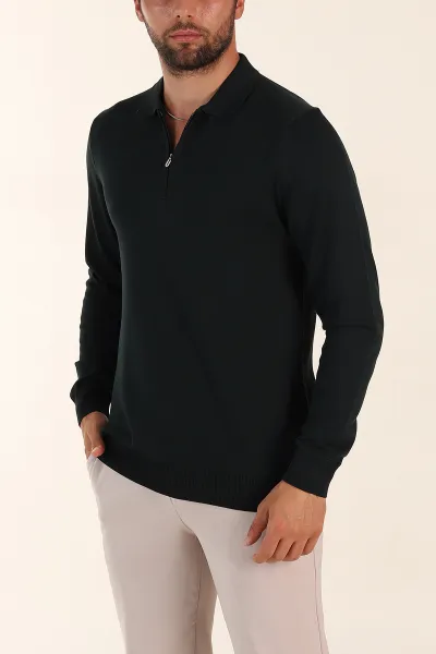 Zümrüt Yeşili Regular Fit Fermuarlı Polo Yaka Uzun Kollu Triko 393299