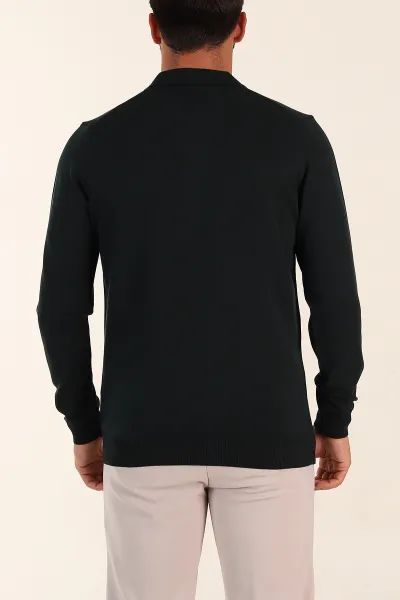 Zümrüt Yeşili Regular Fit Fermuarlı Polo Yaka Uzun Kollu Triko 393299