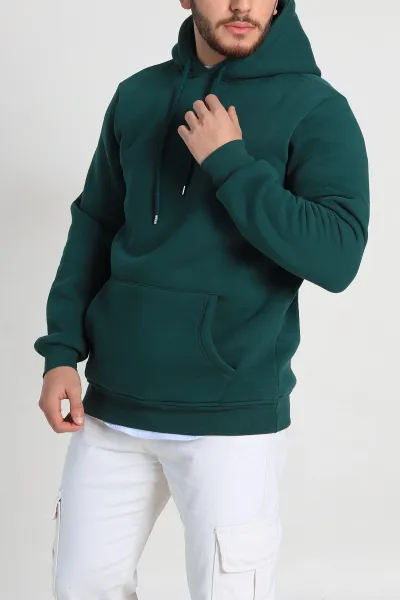 Zümrüt Yeşili Owersize Üç İp Şardonlu Erkek Kapüşonlu Basic Sweatshirt 400526