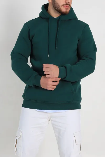 Zümrüt Yeşili Owersize Üç İp Şardonlu Erkek Kapüşonlu Basic Sweatshirt 400526