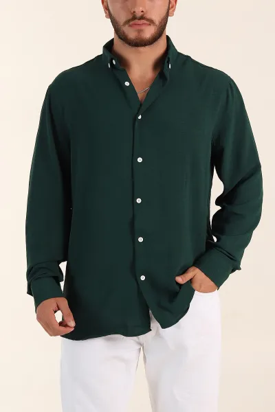 Zümrüt Yeşili Relaxed Fit Aerobin Keten Ata Yaka Erkek Gömlek 386198