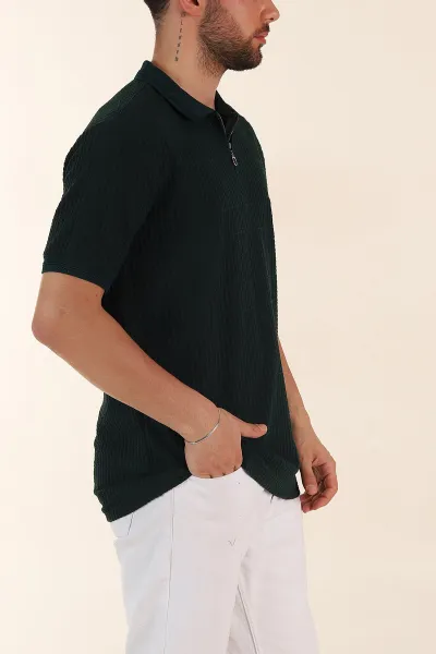 Zümrüt Yeşili Relaxed Fit Çizgi Detaylı Fermuarlı Polo Yaka Erkek Tişört 370326