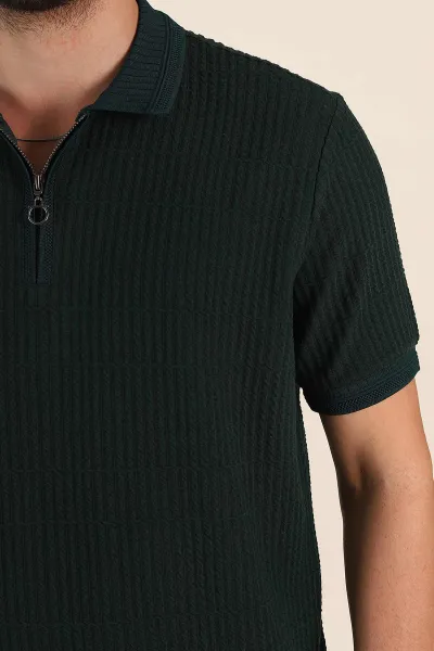 Zümrüt Yeşili Relaxed Fit Çizgi Detaylı Fermuarlı Polo Yaka Erkek Tişört 370326