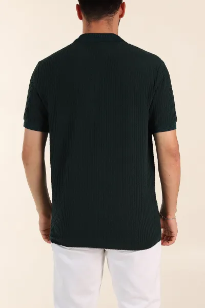Zümrüt Yeşili Relaxed Fit Çizgi Detaylı Fermuarlı Polo Yaka Erkek Tişört 370326