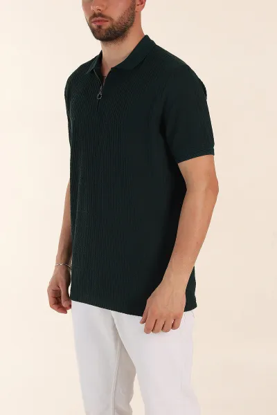 Zümrüt Yeşili Relaxed Fit Çizgi Detaylı Fermuarlı Polo Yaka Erkek Tişört 370326