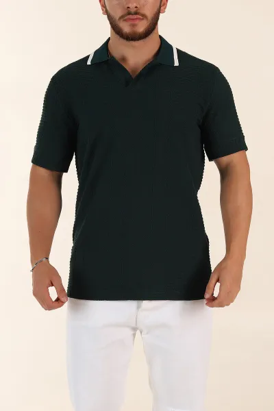 Zümrüt Yeşili Relaxed Fit Çizgi Detaylı Polo Yaka Erkek Tişört 370318