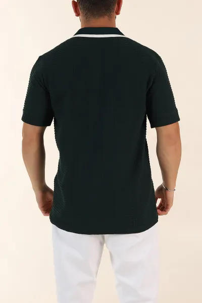 Zümrüt Yeşili Relaxed Fit Çizgi Detaylı Polo Yaka Erkek Tişört 370318