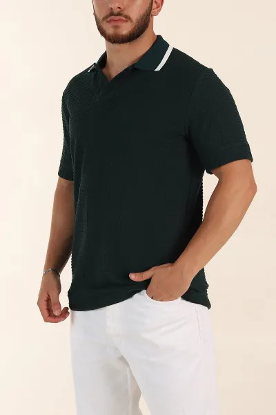 Zümrüt Yeşili Relaxed Fit Çizgi Detaylı Polo Yaka Erkek Tişört 370318