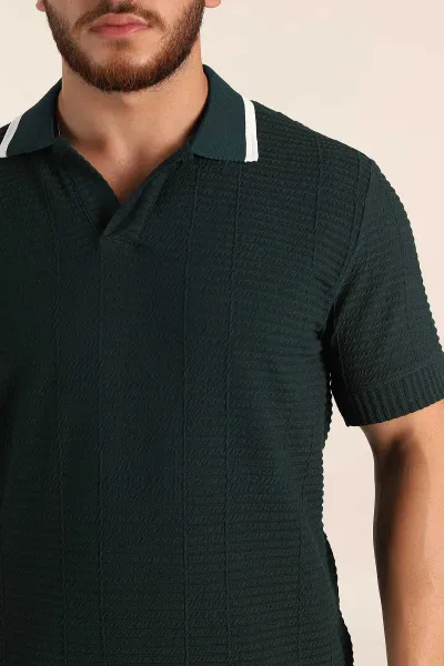Zümrüt Yeşili Relaxed Fit Çizgi Detaylı Polo Yaka Erkek Tişört 370318