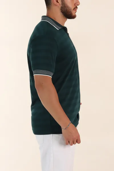 Zümrüt Yeşili Relaxed Fit Çizgi Dokulu Fermuarlı Polo Yaka Basic Erkek Tİşört 370230