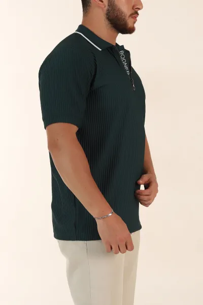 Zümrüt Yeşili Relaxed Fit Çizgili Fermuarlı Polo Yaka Erkek Tişört 370336