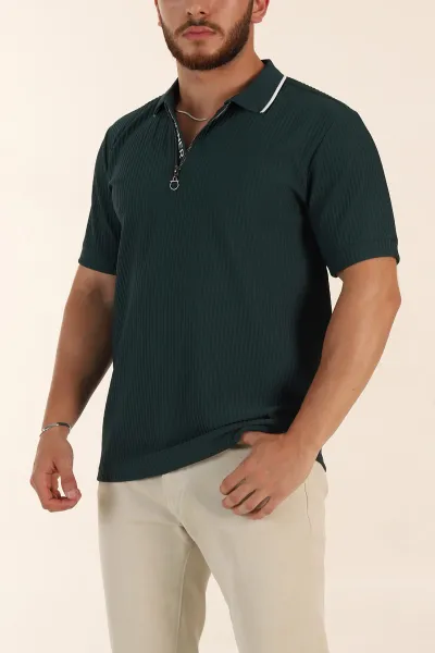 Zümrüt Yeşili Relaxed Fit Çizgili Fermuarlı Polo Yaka Erkek Tişört 370336