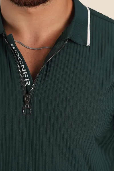 Zümrüt Yeşili Relaxed Fit Çizgili Fermuarlı Polo Yaka Erkek Tişört 370336