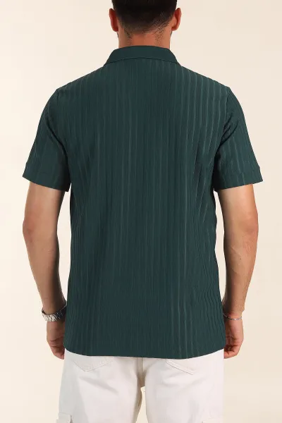 Zümrüt Yeşili Relaxed Fit Fitilli Doku Fermuarlı Polo Yaka Erkek Tişört 373050