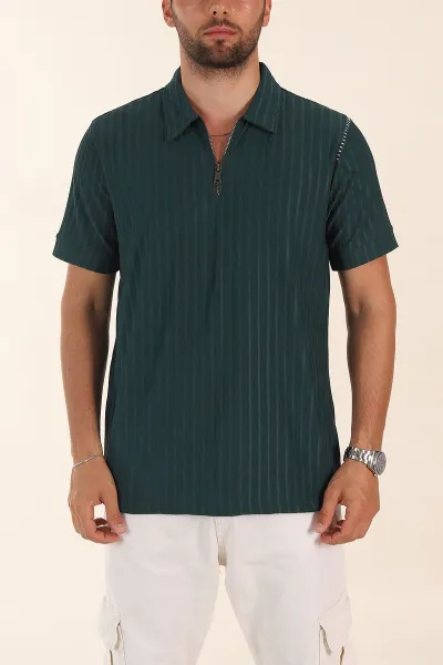 Zümrüt Yeşili Relaxed Fit Fitilli Doku Fermuarlı Polo Yaka Erkek Tişört 373050