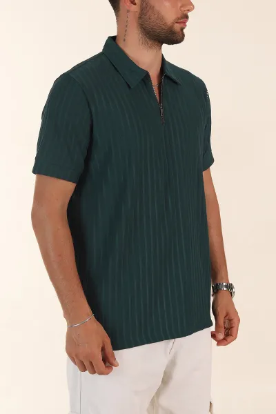 Zümrüt Yeşili Relaxed Fit Fitilli Doku Fermuarlı Polo Yaka Erkek Tişört 373050