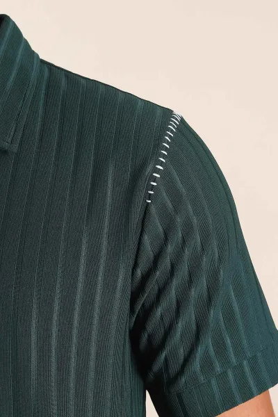 Zümrüt Yeşili Relaxed Fit Fitilli Doku Fermuarlı Polo Yaka Erkek Tişört 373050