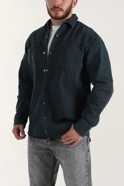 Zümrüt Yeşili Relaxed Fit Gabardin Çift Cepli Yıkamalı  Erkek Gömlek 397966