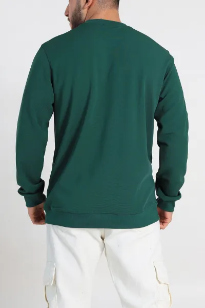 Zümrüt Yeşili Relaxed Fit İki İp Şardonlu Yazı Detay Likralı Erkek Sweatshirt 311194