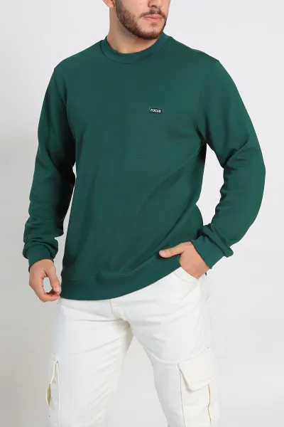 Zümrüt Yeşili Relaxed Fit İki İp Şardonlu Yazı Detay Likralı Erkek Sweatshirt 311194