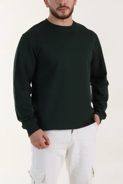 Zümrüt Yeşili Relaxed Fit İki İp Şardonsuz Basic Erkek Sweatshirt 398122