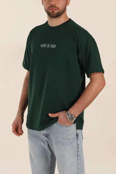 Zümrüt Yeşili Relaxed Fit İnterlok Kumaş Yazı Detaylı Erkek Tişört 359311