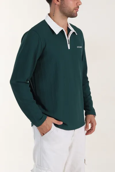 Zümrüt Yeşili Relaxed Fit Jakarlı Kumaş Yazı Detay Polo Yaka Erkek Sweatshirt 399377