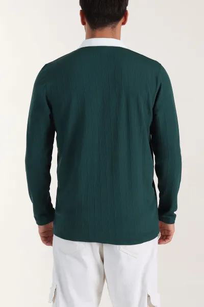 Zümrüt Yeşili Relaxed Fit Jakarlı Kumaş Yazı Detay Polo Yaka Erkek Sweatshirt 399377