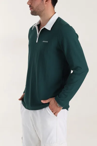 Zümrüt Yeşili Relaxed Fit Jakarlı Kumaş Yazı Detay Polo Yaka Erkek Sweatshirt 399377